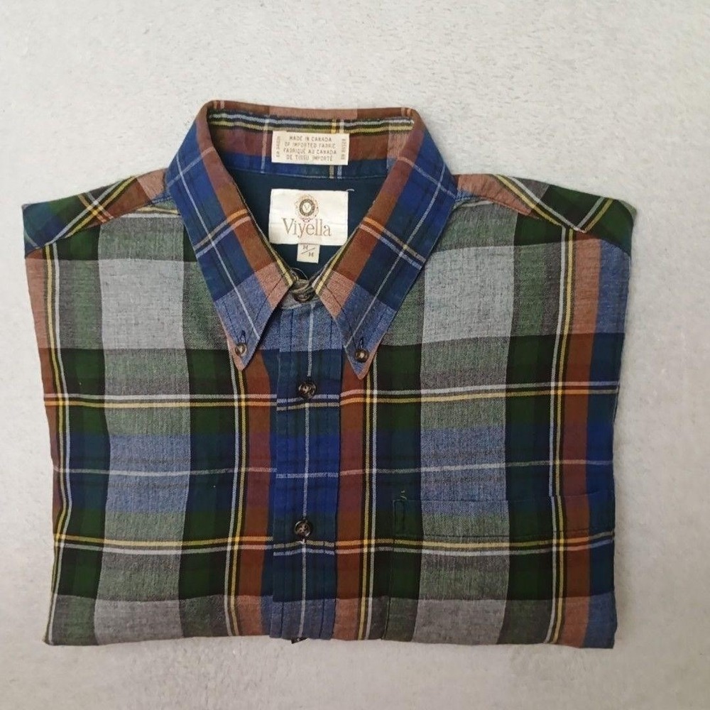 Viyella Shirt Men M Green Plaid Button-Up Flannel Button-Down Collar Cotton Wool
